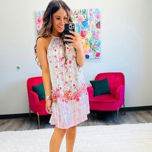 NWT Savanna Jane dusty blue/gray SZ S floral sleeveless with embroidery dress